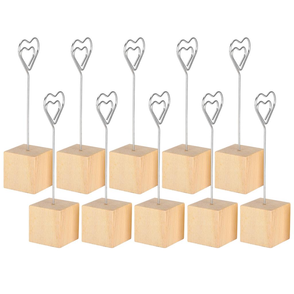 10Pcs Photo Holder Note Message Card Picture Metal Clip Stand Solid Wood Base Craft