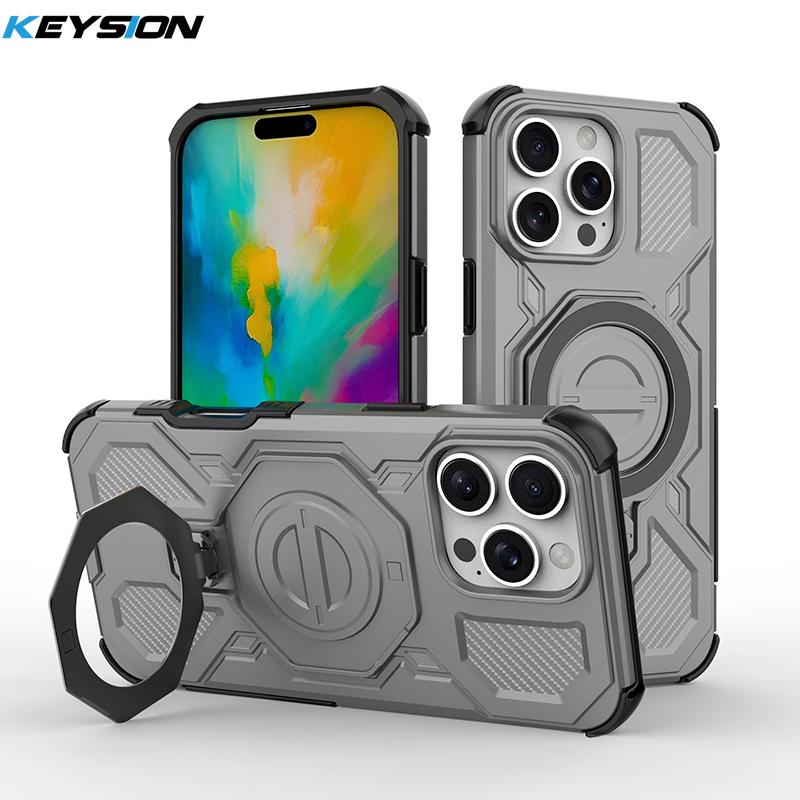 KEYSION Противоударный магнитный чехол для iPhone 16 Pro Max с вертикальной металлической подставкой-кольцом для просмотра в реальном времени, чехол для телефона для iPhone 15 Pro Max