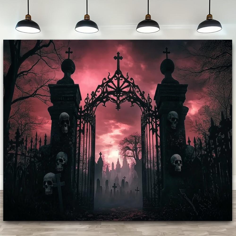 1pc Weird Gothic Arches Party Banner - Ghost Cemetery Scene with Skeleton and Gothic Gate