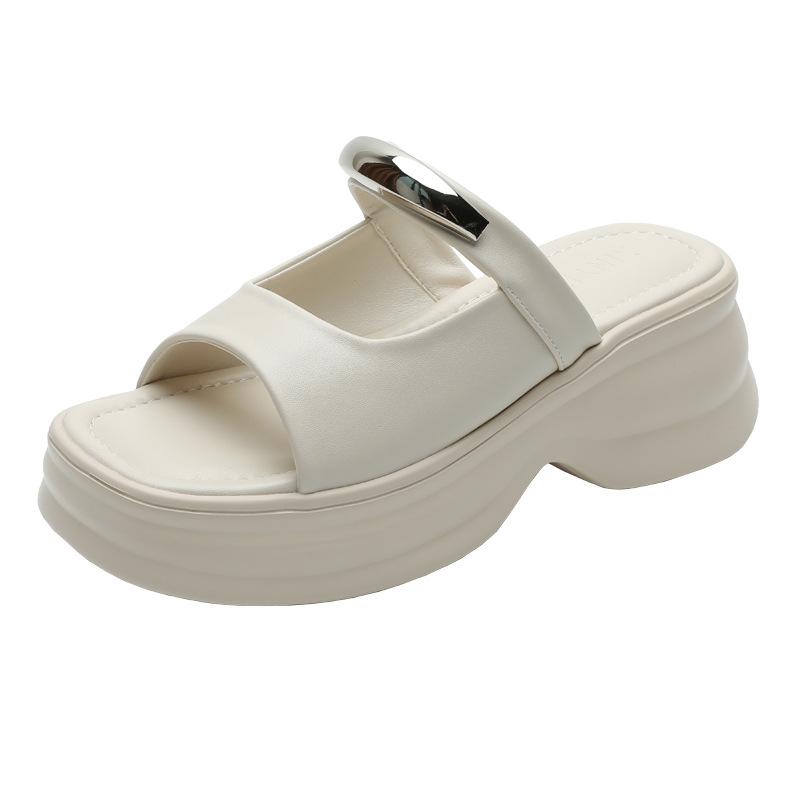 Retro temperament literary and artistic slippers women's 2025 summer new versatile metal decorative thick heel Mary Jane cool slippers