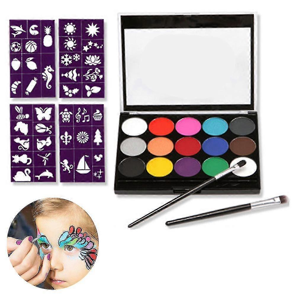 Body Children's Make-up Colours, 15 Colours Make-up Palette 2 Pens + 4 Templates Children's Face Paint Set For Children Parties And Carnival Face Pain