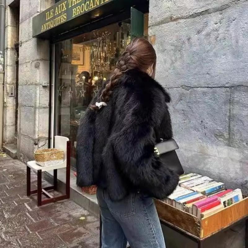 Womens Faux Fur Coat Short Winter Jacket With Wide Notched Lapel Fluffy Warm Outerwear