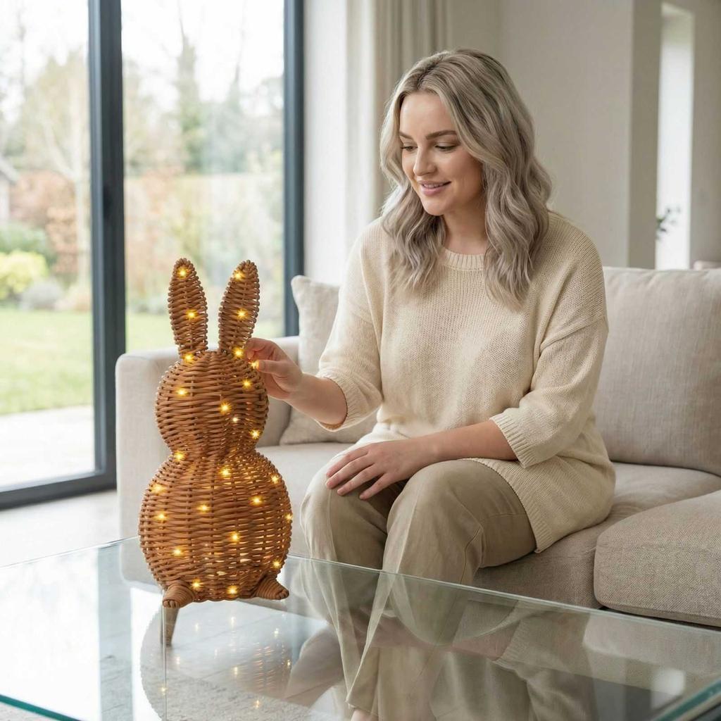 Modern Easter Wicker Bunny Ornament, 13.8-inch Woven Bunny Desktop Figurine With String Lights