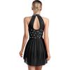 Womens Sparkly Latin Dance Wear Rhinestone Applique Sleeveless Back Hollow Skirted Leotard Gymnastics Bodysuit