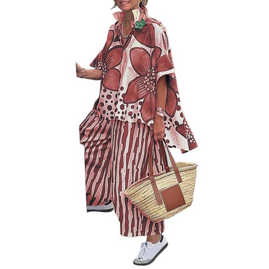 Women's Floral Print Loose Two-Piece Set Lapel Short Sleeve Top Wide Leg Pants Set Summer Casual Boho Streetwear