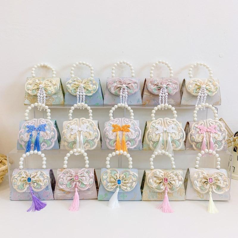 Lovely Geometric Patterned Shoulder Bag For Kids Featuring Chic Tassels And Elegant Pearls