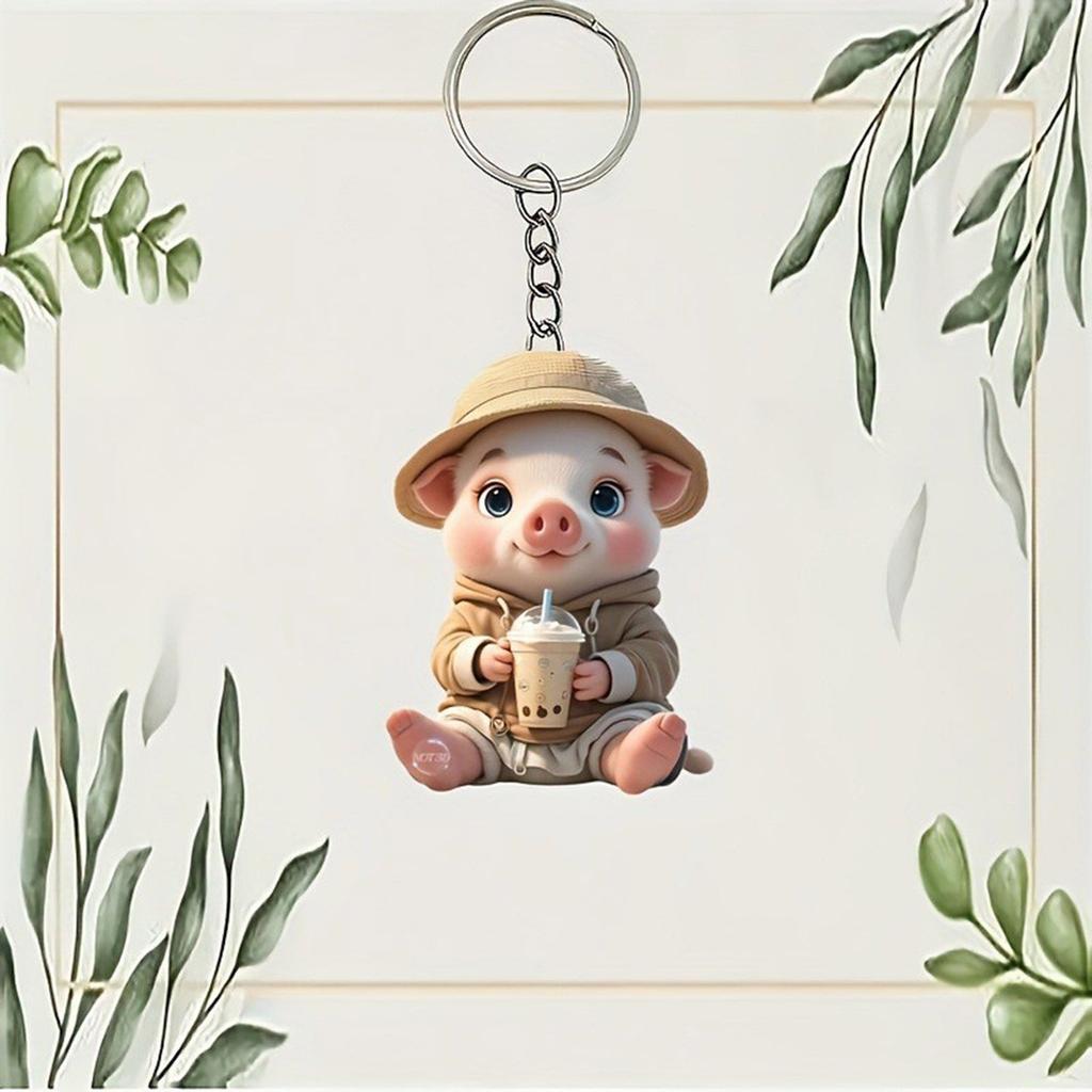 Lovely Milk Drink Pig Acrylic Keychain for Car Home Decoration With Vibranting Color and Sturdy Materials