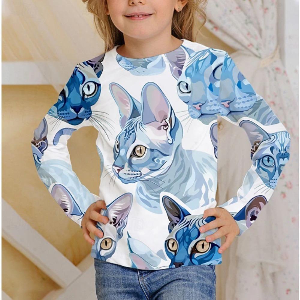 Kids Crew Neck Long Sleeve T‑Shirt, Cute Cat 3D Print Casual Loose Halloween Party Daily Wear Tops for Children