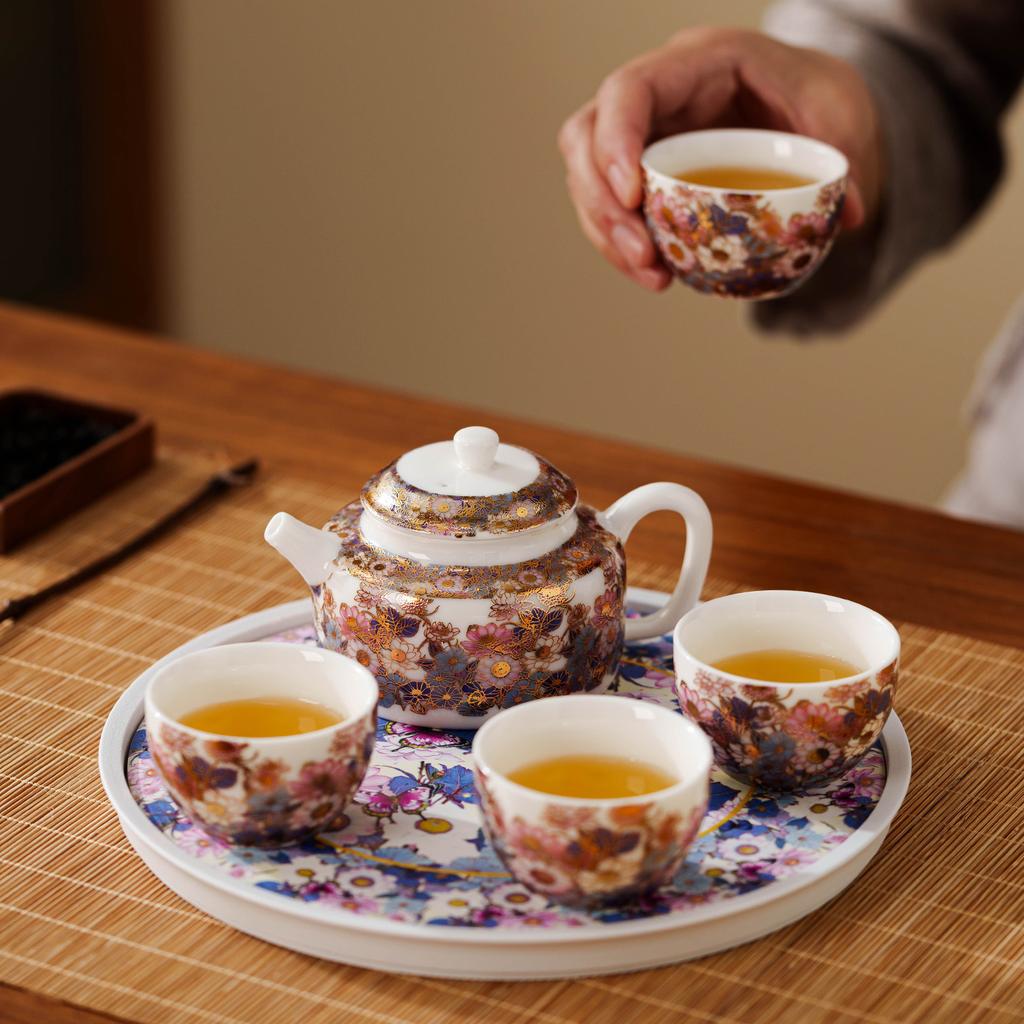 Suet Jade Kung Fu Tea Set Splendid Wanhua Ceramic Teapot Teacup Tea Tray The whole set of household meeting tea making utensils