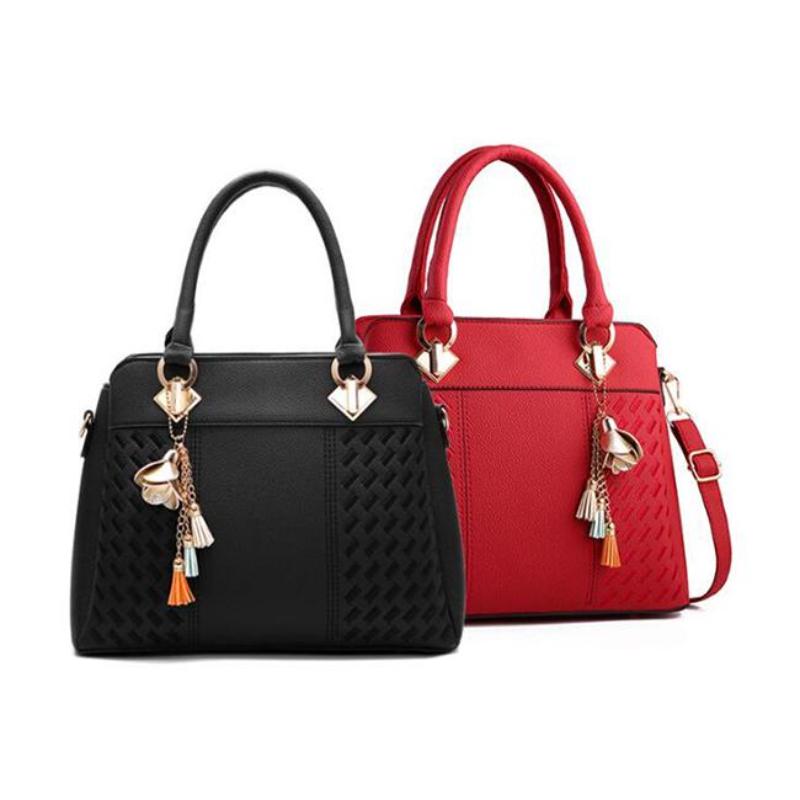 Women Tassel Leather Handbags Tote Top-handle Embroidery Shoulder Bag
