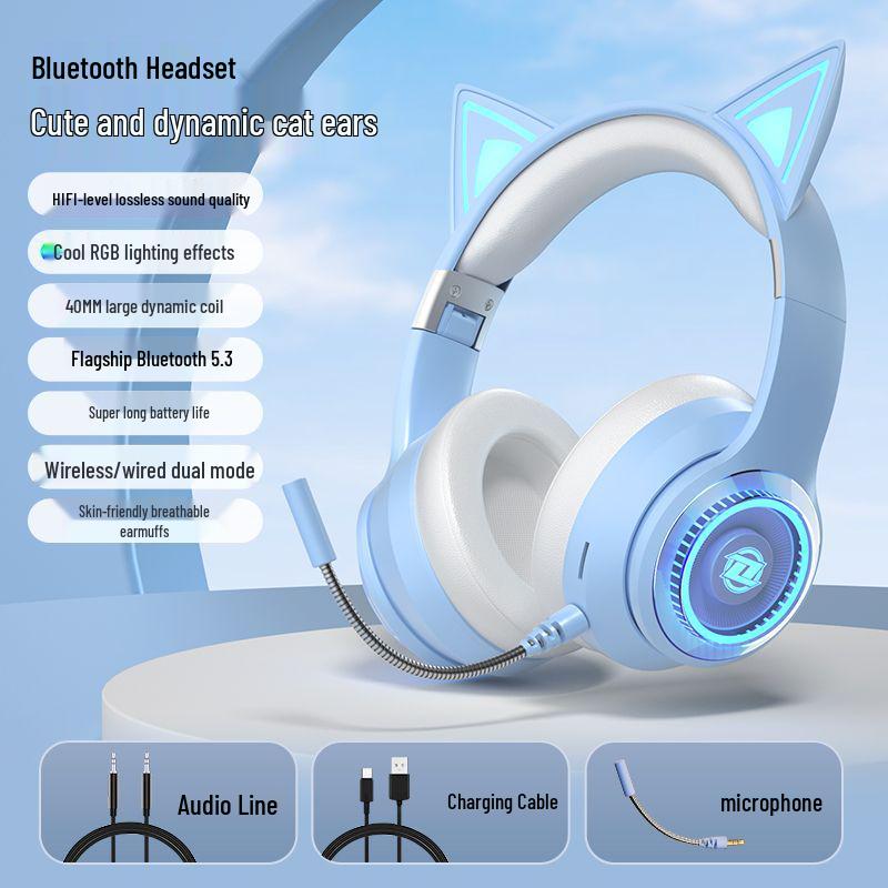 Светящиеся беспроводные Bluetooth накладные наушники с кошачьими ушками 2025 - Игровые и спортивные, Тяжелый бас, Совместимы с мобильными устройствами и ПК