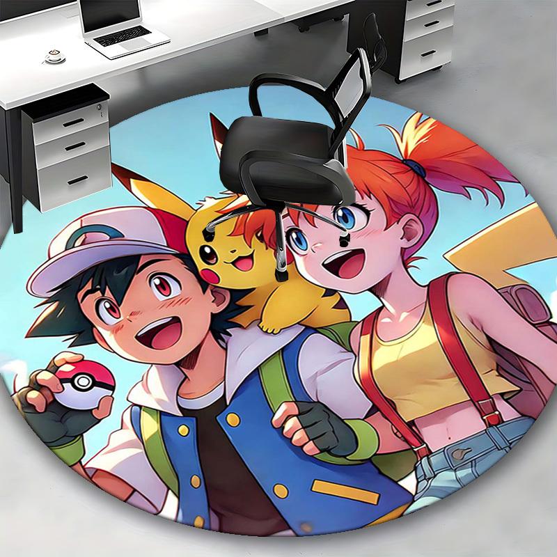 1pc Pokémon Pikachu & Trainer Round Carpet - Anime Design Chair Mat, Office Gift, Seasonal Decor, Suitable for Home, Living Room