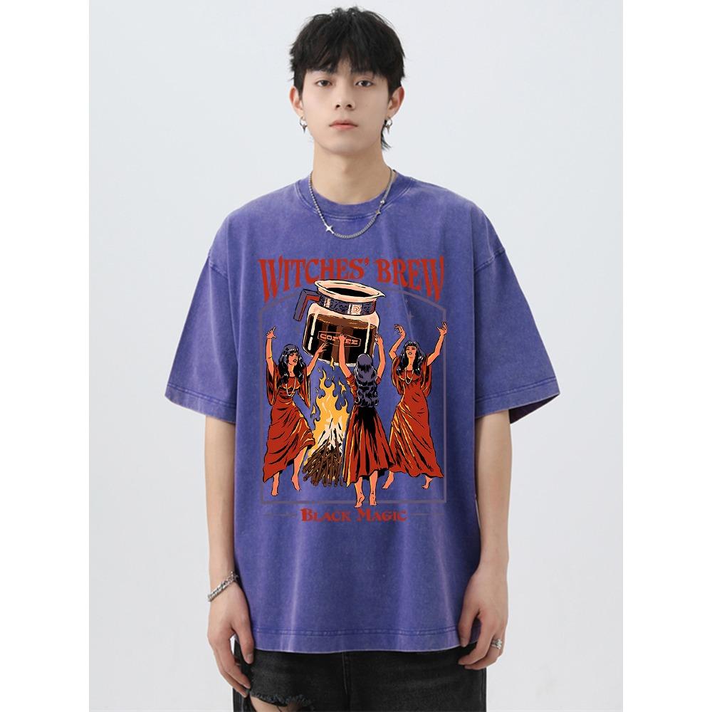 Ведьмы варят кофе Black Magic Washed Retro Мужские топы Свободная уличная футболка Летняя футболка Большие свободные футболки