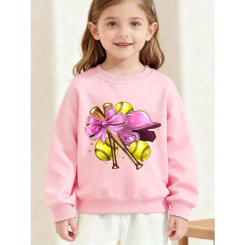 European sizes Kids' Black Sweatshirt with Softball and Bow Print for Casual Wear and Sports Activities