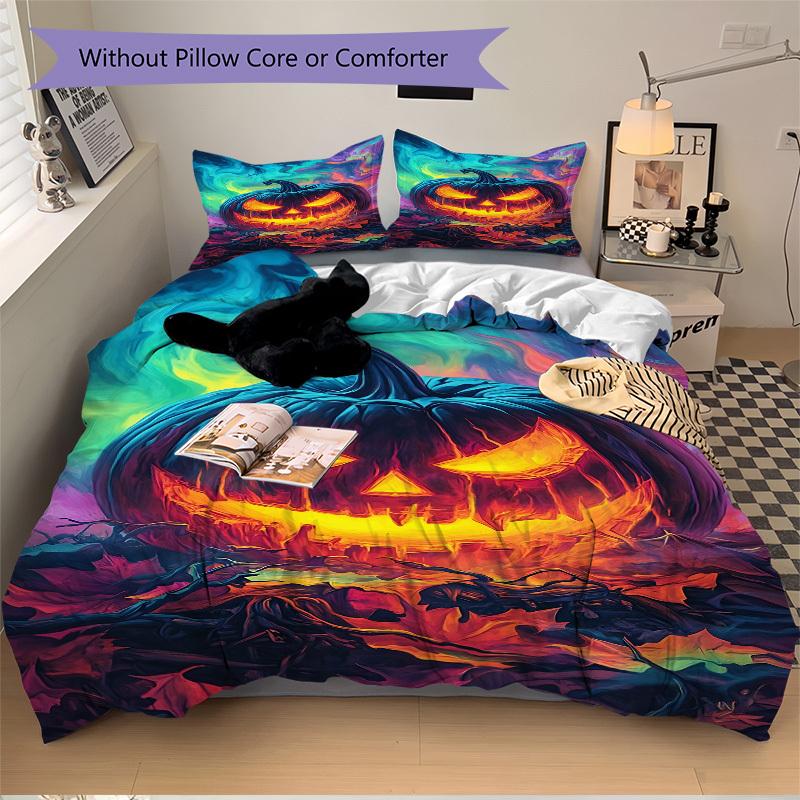 3pc Pumpkin Halloween Cover Set - 1 Quilt Cover + 2 Pillowcases, All Seasons Bedroom Setting, Perfect for Home074