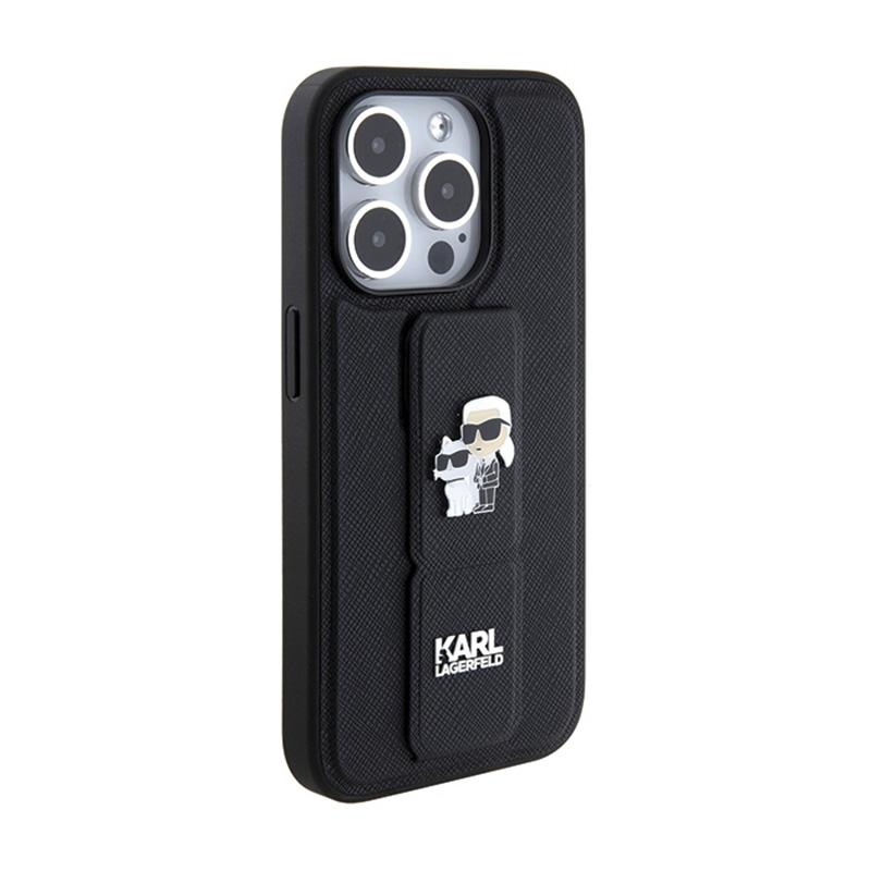 Karl Lagerfeld Gripstand Saffiano Karl & Choupette Pins - Etui Iphone 15 Pro (Czarny)