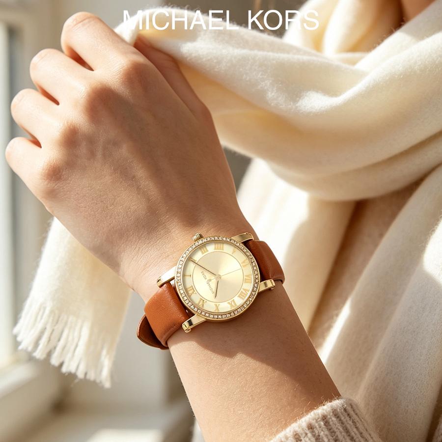 MICHAEL KORS Petite Norie Women's Quartz Watch Gold Dial Leather Strap 28mm MK2697