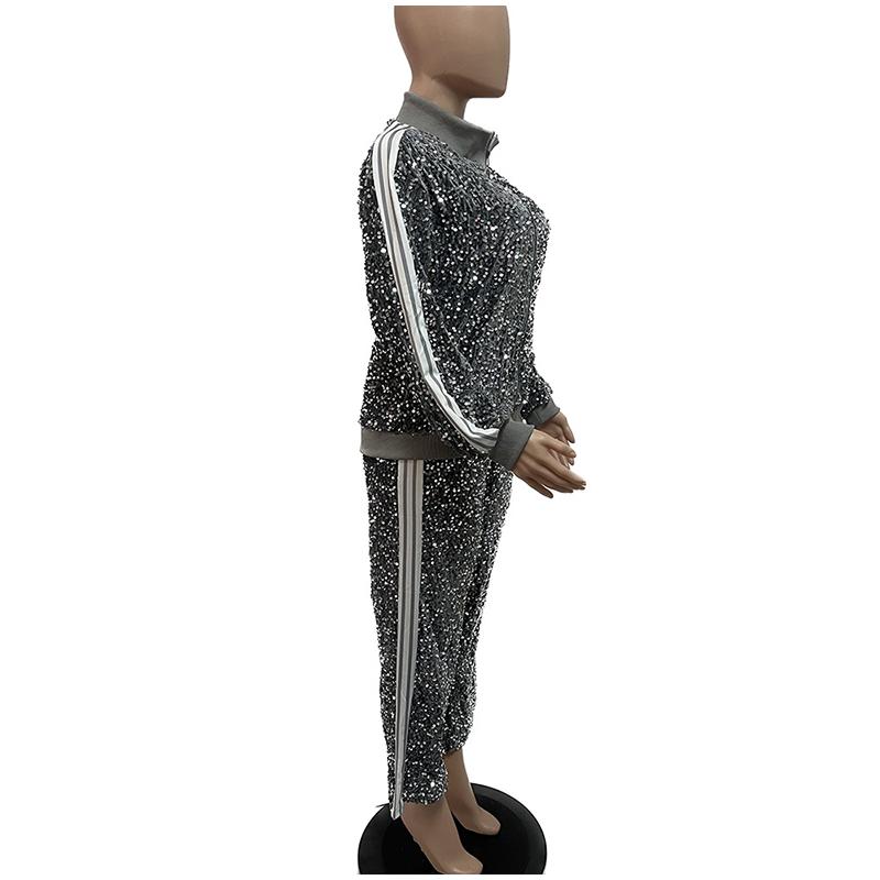 Модный комплект из 2 предметов с пайетками, женская куртка с длинным рукавом на молнии в полоску, пальто и прямые брюки, женский комплект одежды для вечеринок и клубов, весна 2025 г.