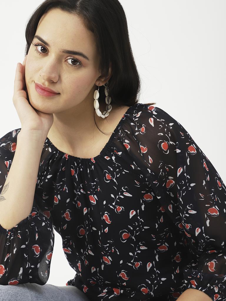 Moomaya Принтованный топ с круглым вырезом, прозрачный топ с длинным рукавом для женщин