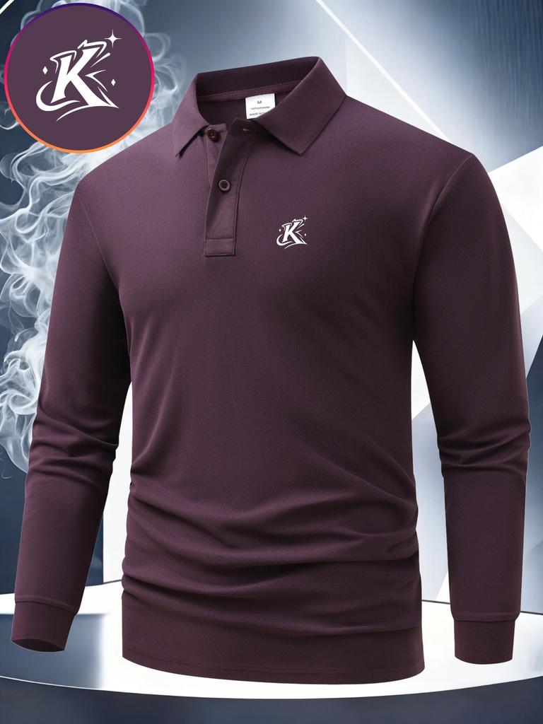 Mens Slim Fit Long Sleeve Polo, Stretch Pique Fabric with Ribbed Cuffs for Daily Work & Casual Wear