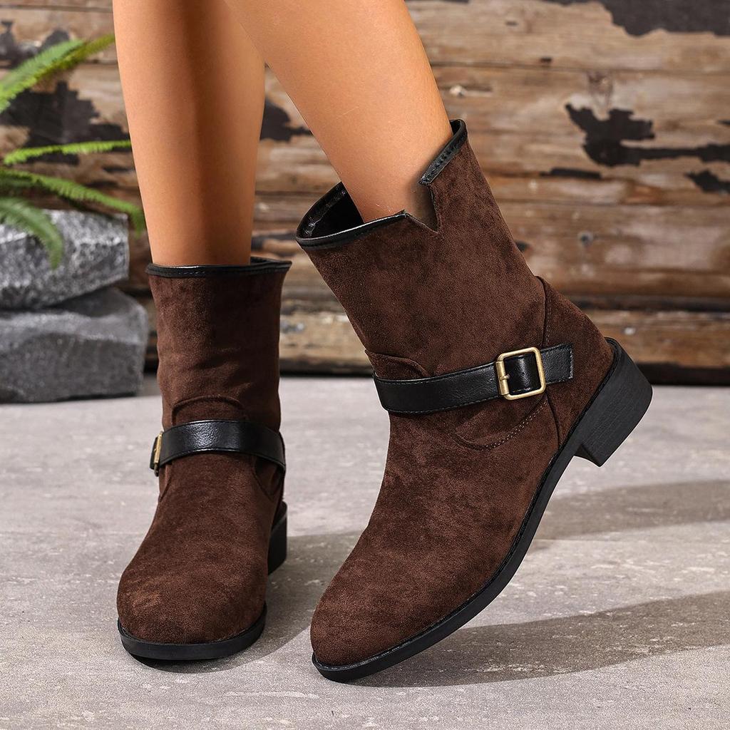 2025 Autumn/Winter Plus Size British Style Slip-On Chunky Heel Mid-Calf Boots for Women