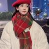 Korean Christmas Red Plaid Knitted Scarf for Women – Retro Tassel Neck Warmer