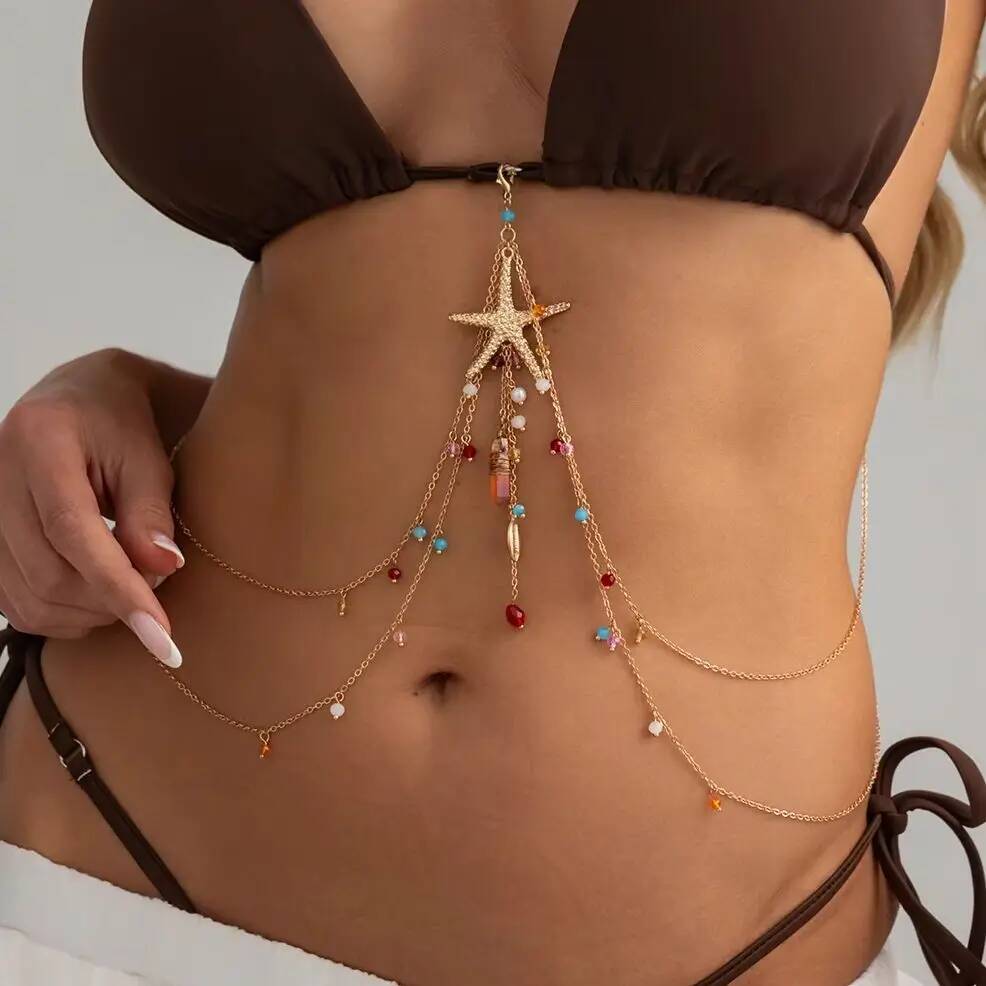 SHIXIN Sexy Trendy Tassel Rhinestone Belly Chains Women DoubleLayer Imitation Pearl Beach Vacation Link Chain Waist Body Jewelry