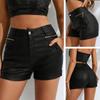 Rose Beauty A Women Slim High Waist Zip Detail Slant Pockets Stretch PU Leather Shorts Casual Regular Short