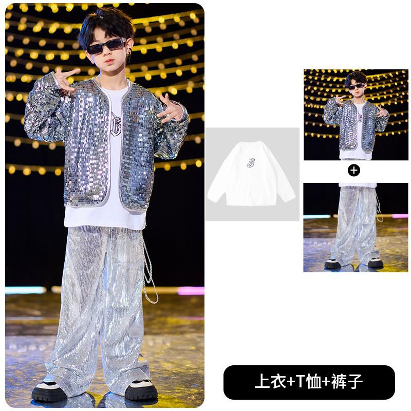 Kids Hip Hop Dance Costume Shiny Sequined Jazz Performance Set Boys Girls