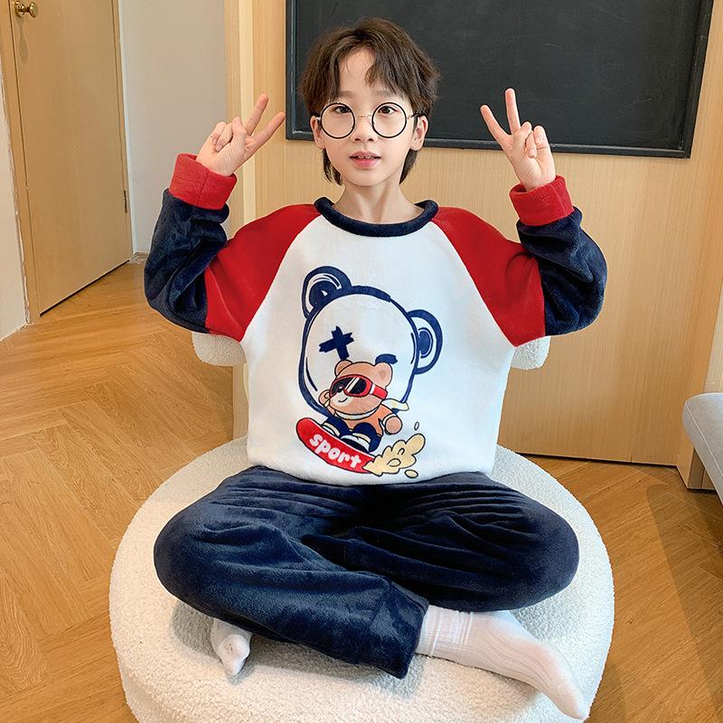 Kids Flannel Pajamas Set Boys Girls Warm Long Sleeve Top And Pants Sleepwear Winter Home Nightwear