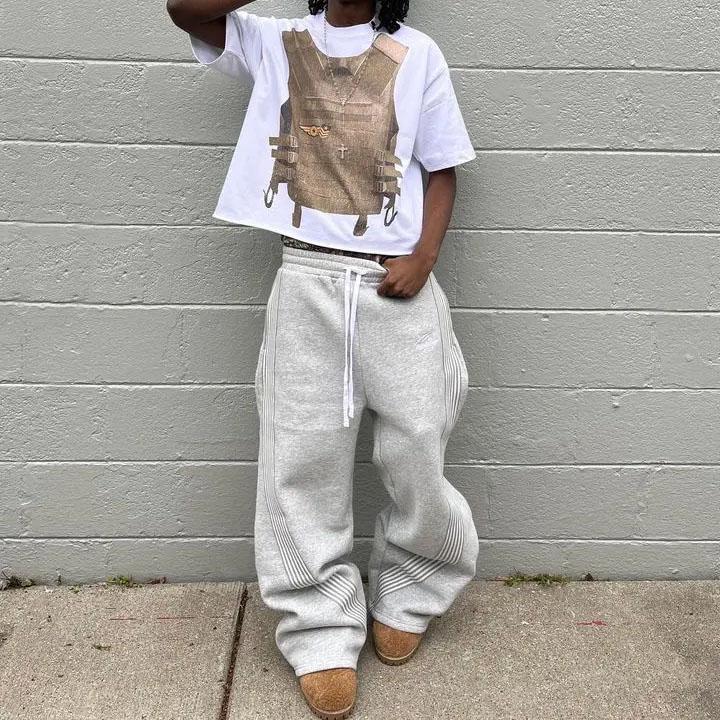 Y2k вышитые серые повседневные брюки мужские спортивные штаны на шнурке
