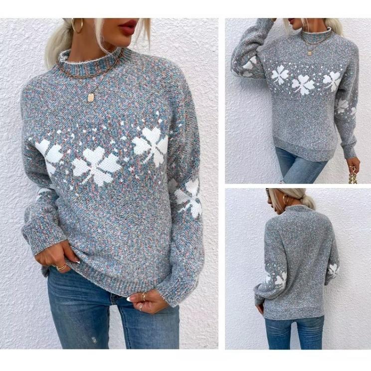 Свитер женский с высоким воротом свободный снежинка вязаный пуловер повседневный длинный рукав