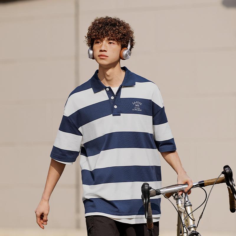 LiNing Weekend Youth Casual Comfortable Striped Polo Shirt Unisex Polo Shirts Deep-Navy APLU235-1
