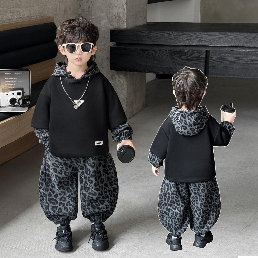 Boys' Trendy Leopard Sweatshirt Set - Autumn/Spring 2025 Fashionable Two-Piece Outfit for Toddlers