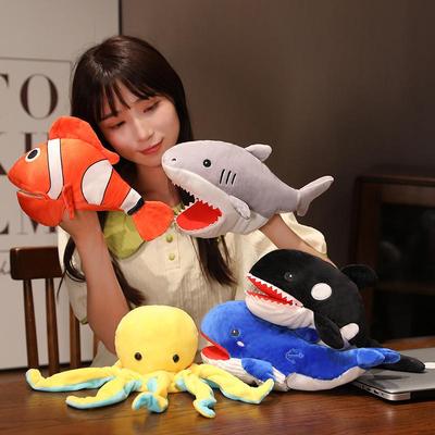 Анимированные плюшевые куклы-марионетки в виде морских животных: Акула, рыба-клоун, касатка — движения рта, игра родителей и детей