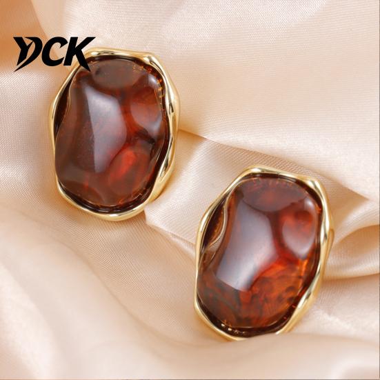 Minimalist Geometric Ear Jewelry 1 Pair Natural Healing Stone Stud Earrings for Women, Gold Elegant Commuter Accessories Plated Oval Resin Earrings,