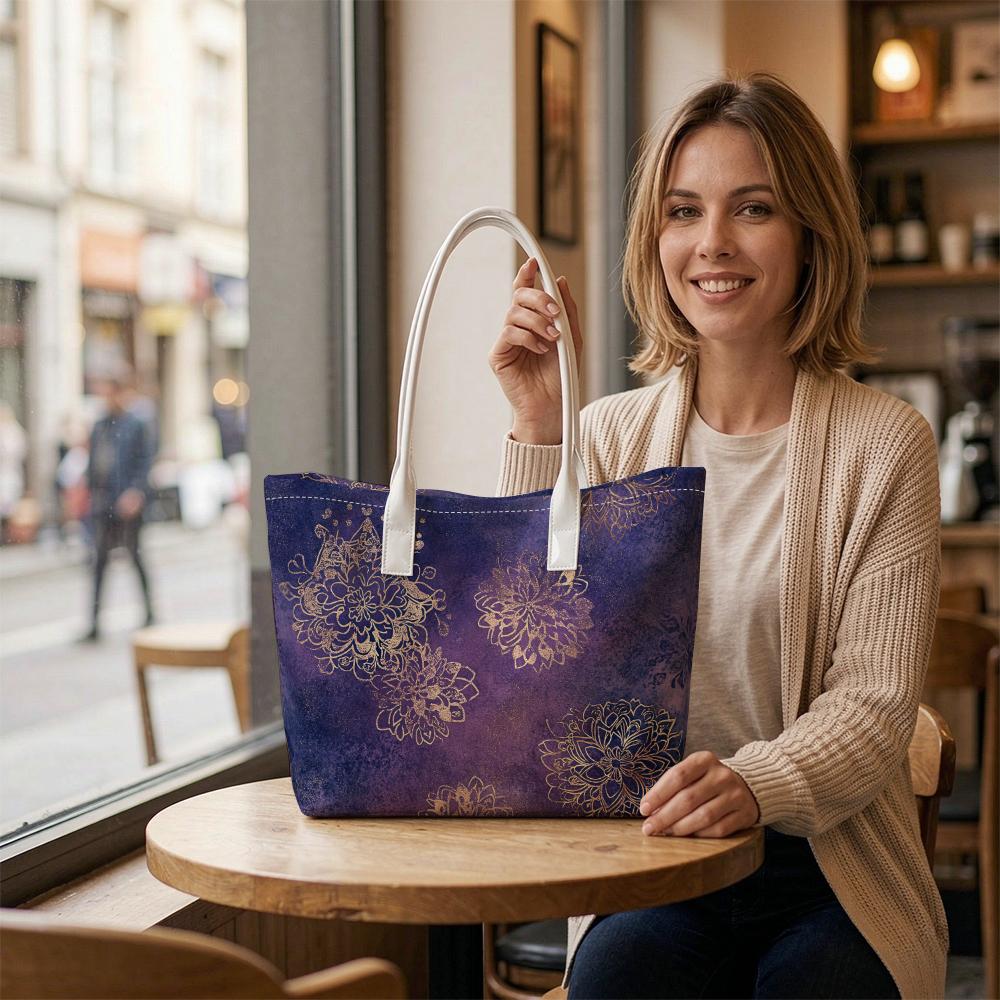 Purple Golden Floral Print Shoulder Tote Bag for Women Casual Daily Use Lightweight Handbag