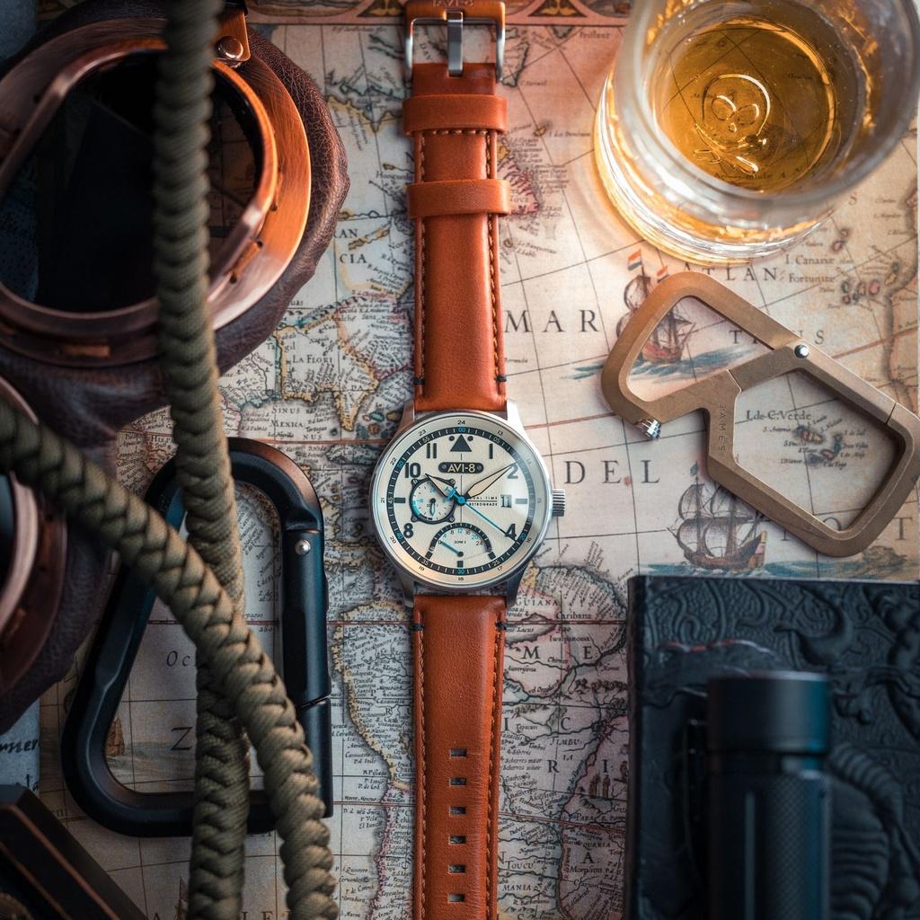 AVI-8 Hawker Hurricane Mckellar Dual Time коричневый бежевый кожаный ремешок кремовый циферблат AV-4101-0C кварцевые мужские часы с дополнительным ремешком