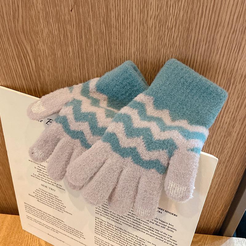 Теплые зимние перчатки для женщин Корейская пара Сенсорный экран Пятипалые Вязаные Мужские Для езды на велосипеде Плюс бархат Студенческие Утепленные Милые Жаккардовые