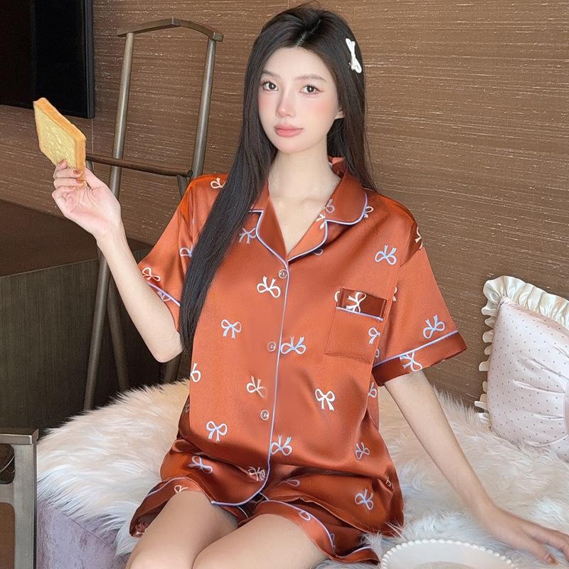 French Girl Summer Ice Silk Pajamas Short-Sleeved Set Bow Cool Silk Loungewear