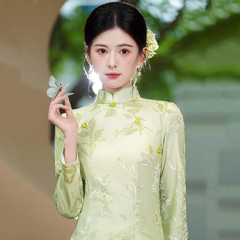 Elegant Green Vintage-Inspired Long Sleeve Cheongsam Dress Women Slim Fit Winter Layering Outfit With Stand Collar