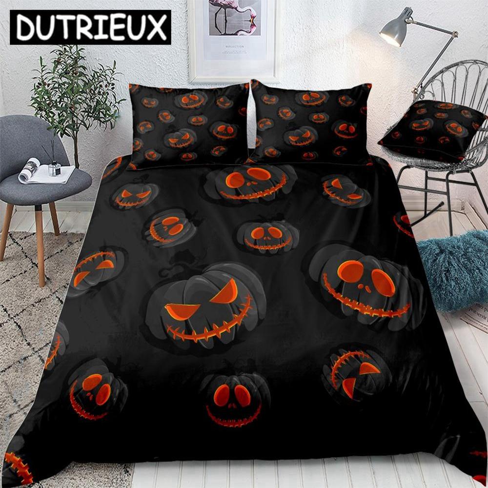 Halloween Pumpki Duvet Cover Set Black And White Background Halloween Beds Set Home Textiles Microfiber For Boys Kids