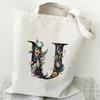 26 Letters Flower Tote Bag For Women Eco Reusable Shoulder Bagslarge Capacity Canvas Casual Harajuku Shopping Shopper Handbag