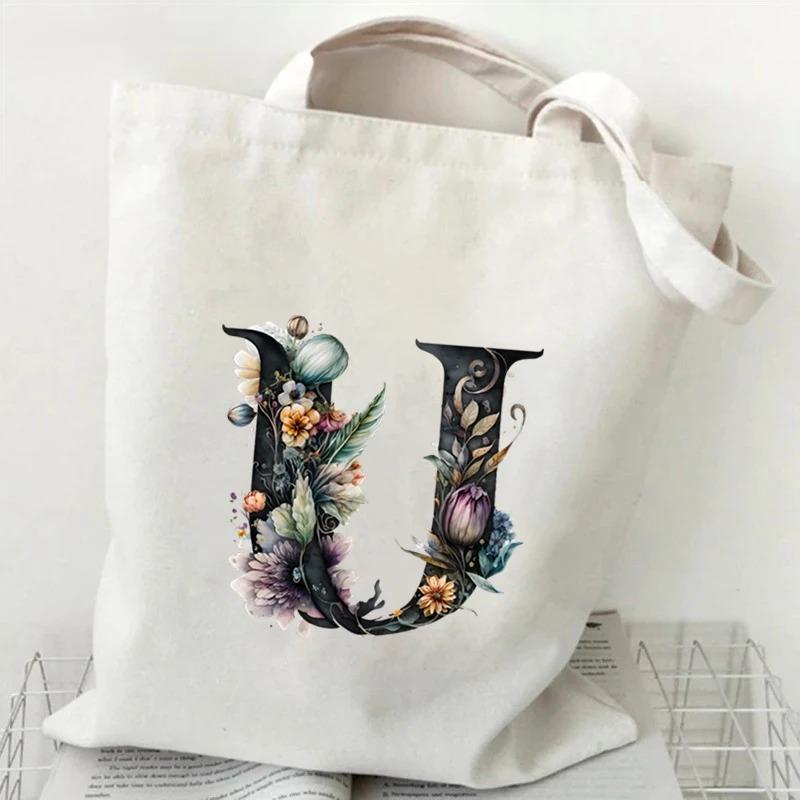 26 Letters Flower Tote Bag For Women Eco Reusable Shoulder Bagslarge Capacity Canvas Casual Harajuku Shopping Shopper Handbag