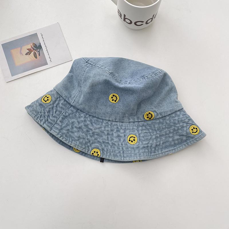 Simple Cartoon Embroidered Denim Bucket Hat Women Harajuku Retro Basin Hat Spring and Summer Sun Protection Visor Men