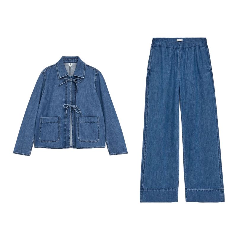 Fall Loose Lace-up Denim Jacket Coat 1268488 Mid Waist Straight-Leg Wide-Leg Pants 1268300