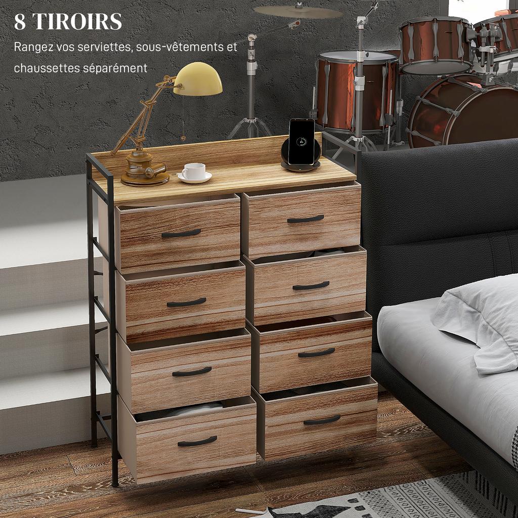 Storage furniture dresser 8 removable fabric drawers, top shelf and steel frame 79L x 29l x 101H cm