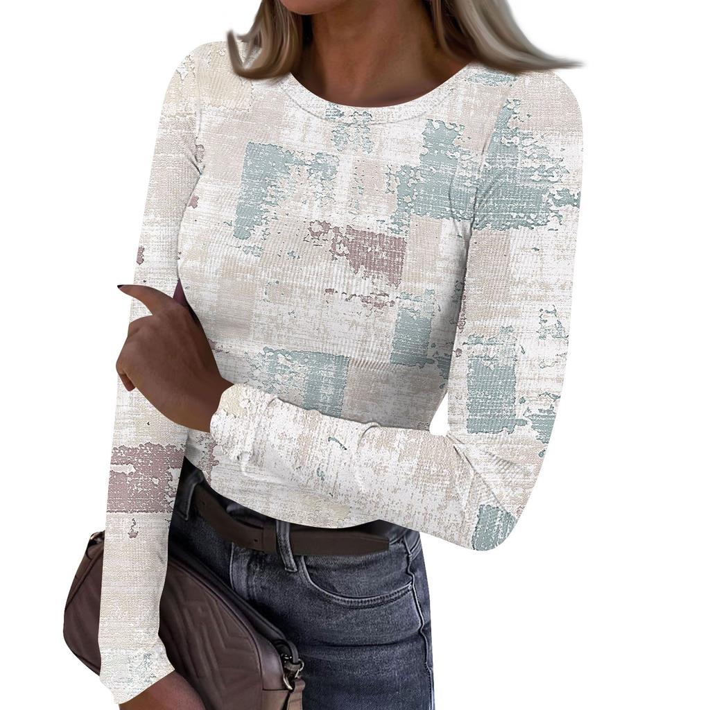 Женская и зимняя футболка с тонким низом, модная повседневная футболка с круглым вырезом и принтом, длинный рукав