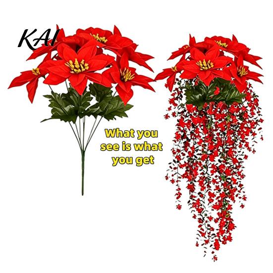 Red Flower Garland Christmas Poinsettia Hanging Garland, Artificial Silk Flowers with Berries DIY Ornament And Greenery, 85cm Outdoor Holiday