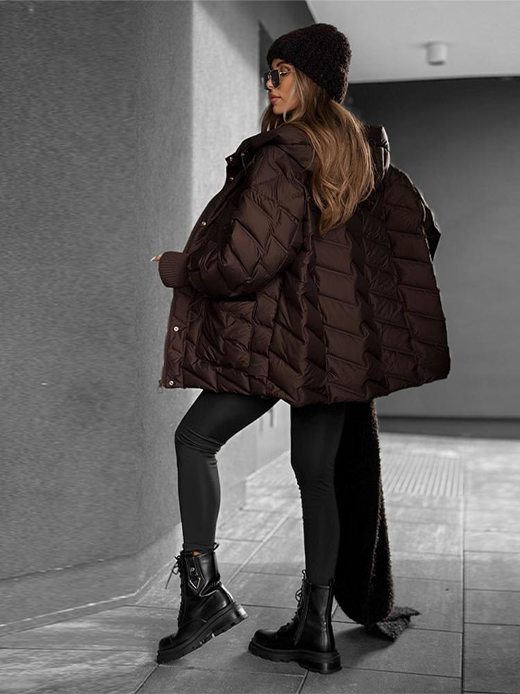 Women's Stand Up Collar Hooded Long Sleeved Zipper Glossy Thick Jacket for Winter